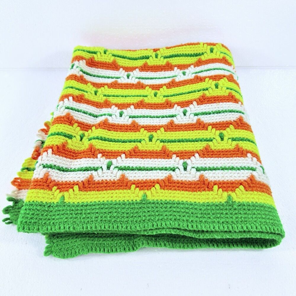 1970s Crochet Afghan Blanket Throw Striped Orange Green Yellow Grannycore 52x36"
